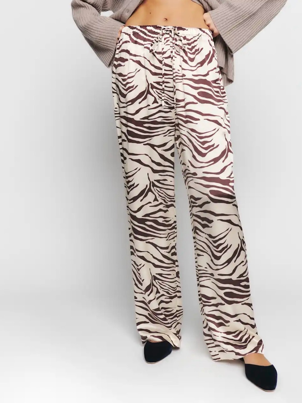 Wide Leg Zebra Print Lounge Pants - Cream/Brown